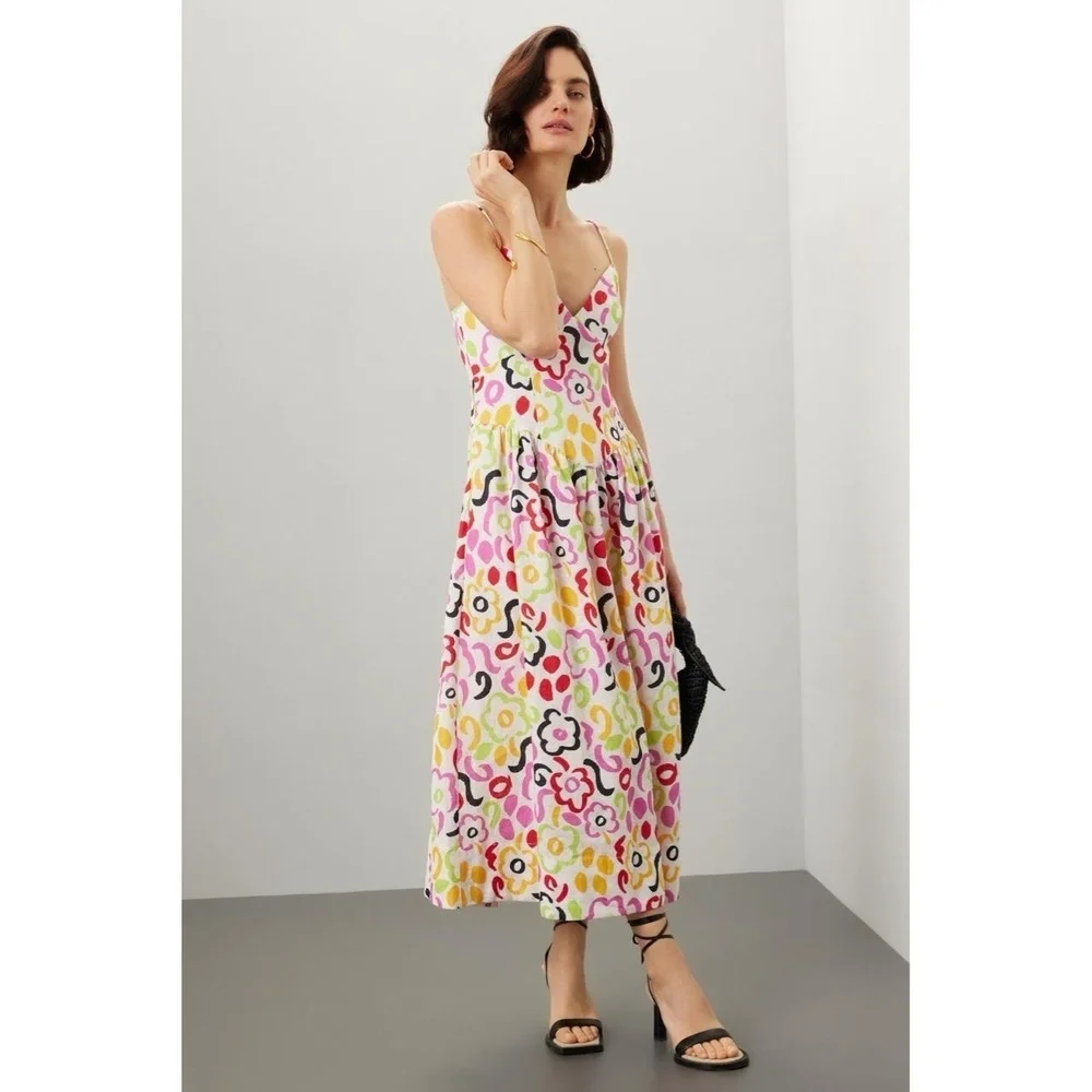 RHODE Dress Multi Floral Midi Abstract Print Painted Bloom Bohemian Size 8